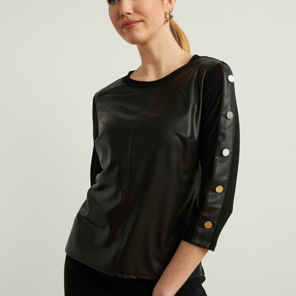 Joseph Ribkoff Womens 14 Faux Leather Crew Neck Top